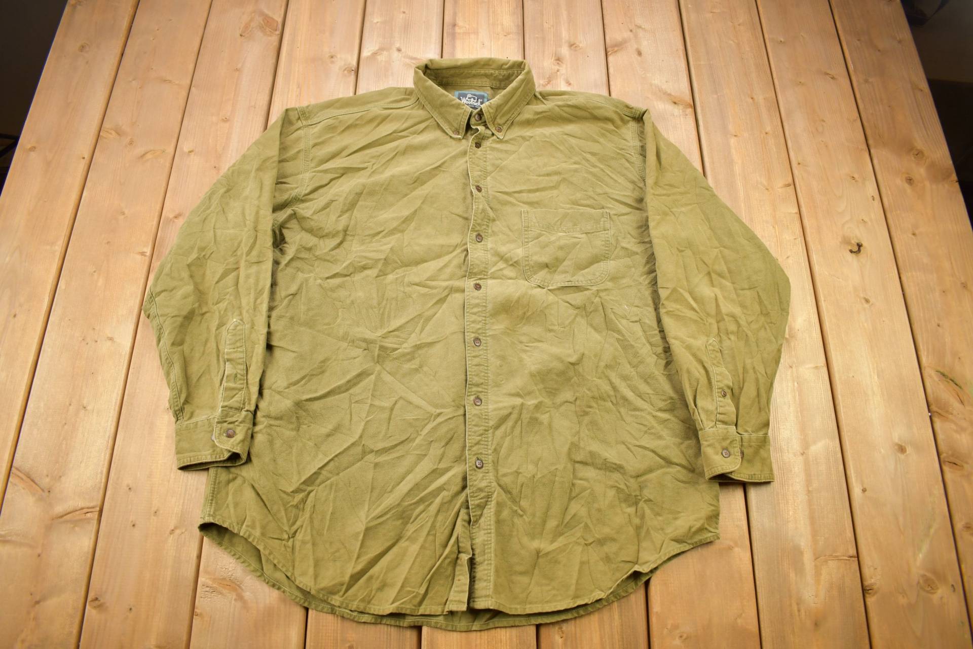 Vintage 90S Olivgrün Blank Woolrich Button Up Shirt/90Er Jahre Flanell Basic Naturbursche von Lostboysvintage