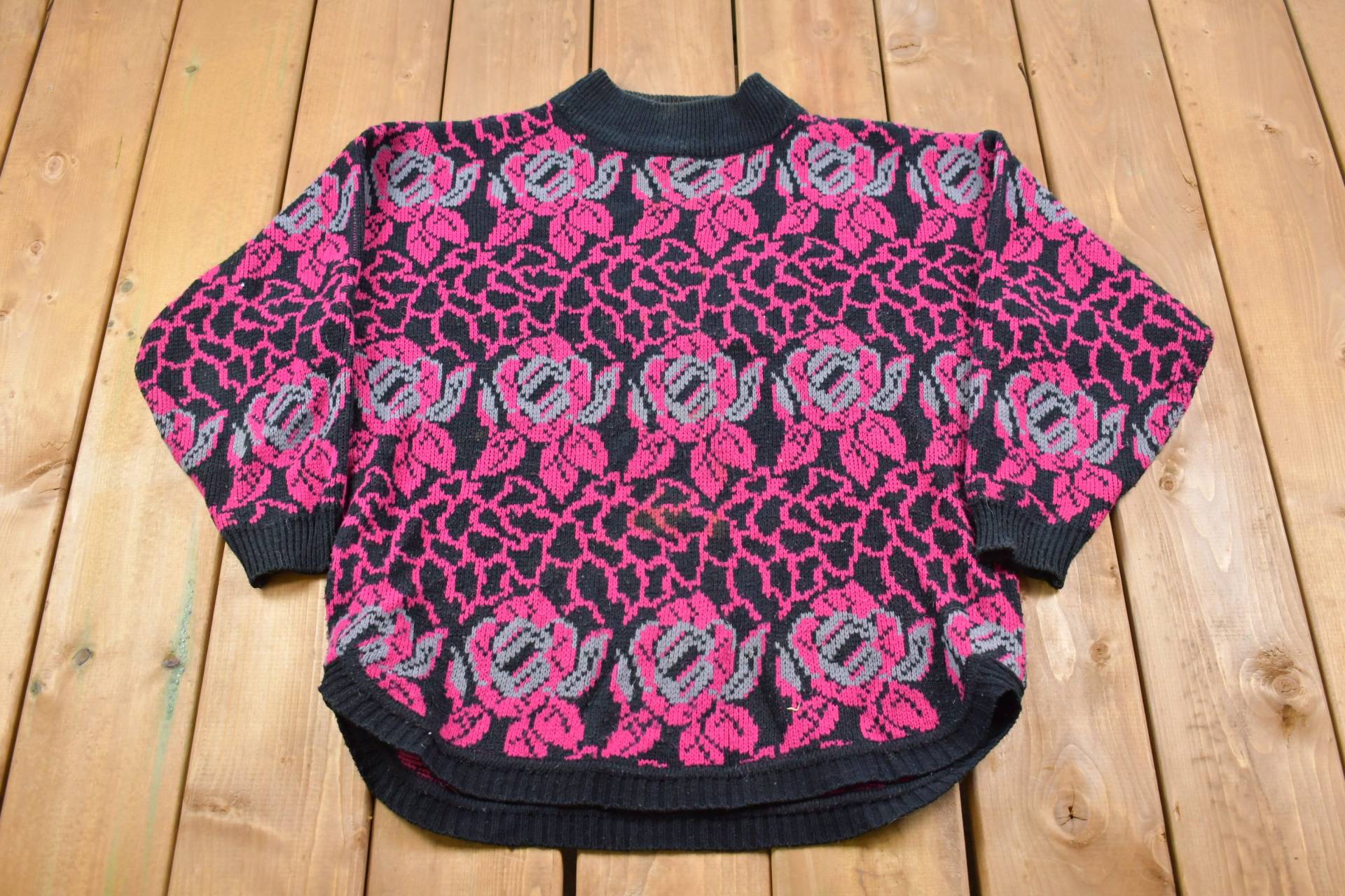 Vintage Alyssa Brooke Floral Rose Strickpullover/90Er Jahre Rundhalsausschnitt Musterpullover Outdoor Handgestrickt Pullover Sweatshirt von Lostboysvintage