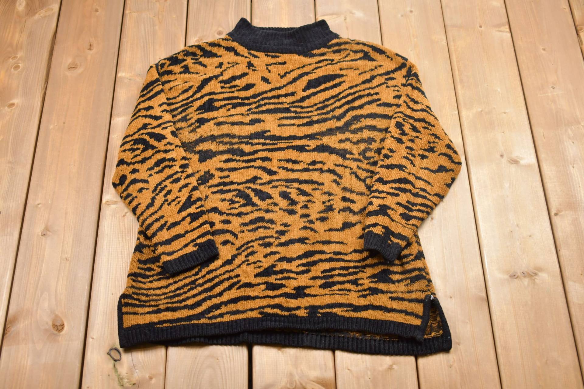 Vintage Express Tricot Gestrickter Rollkragenpullover Mit Leopardenmuster/90Er-Jahre-Rundhalspullover Musterpullover Outdoor Pullover-Sweatshirt von Lostboysvintage