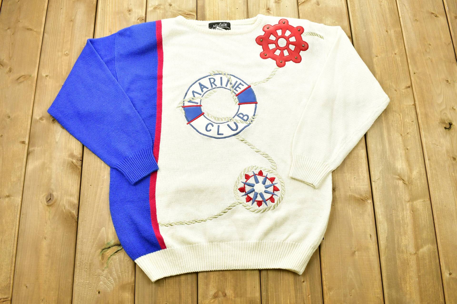 Vintage Marine Club Malain Strickpullover/90Er Jahre Rundhalsausschnitt Musterpullover Outdoor Handgestrickt Pullover Sweatshirt von Lostboysvintage