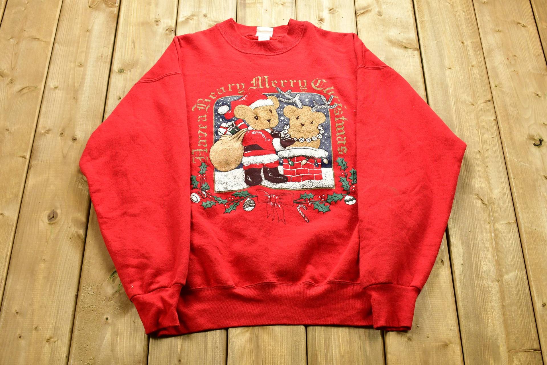 Vintage Weihnachts-Crewneck, 90Er-Jahre-Crewneck, Süße Teddybär-Grafik, Tiere, Vintage-Sweatshirt, Handbemalt/Urlaub von Lostboysvintage