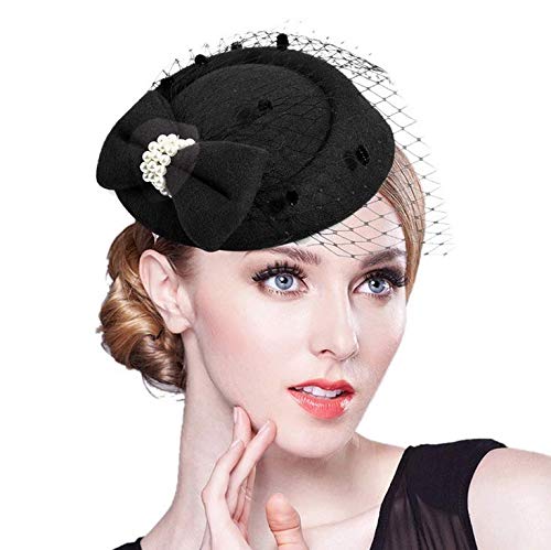 Losuya Frauen Fascinators Hut Perle Bogen Stil Cocktail Party Pillbox Hut mit Schleier Haarspangen (Schwarz) von Losuya