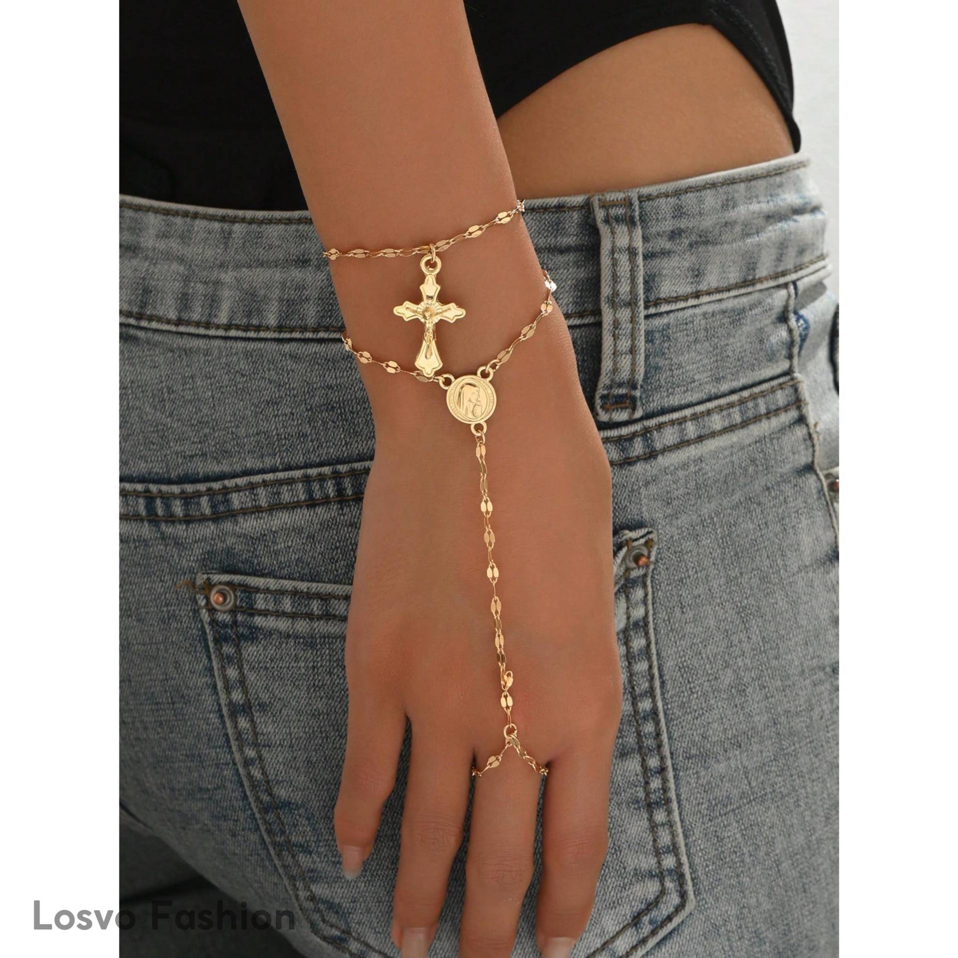 Goldene Handkette Mit Kreuz - Verstellbares Rosenkranz-Armband Goldene Handkette Mit Kreuz - Verstellbares Rosenkranz-Armband von LosvoSeller