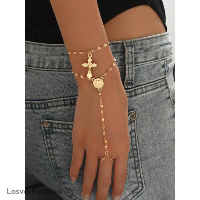 Goldene Handkette Mit Kreuz - Verstellbares Rosenkranz-Armband von LosvoSeller