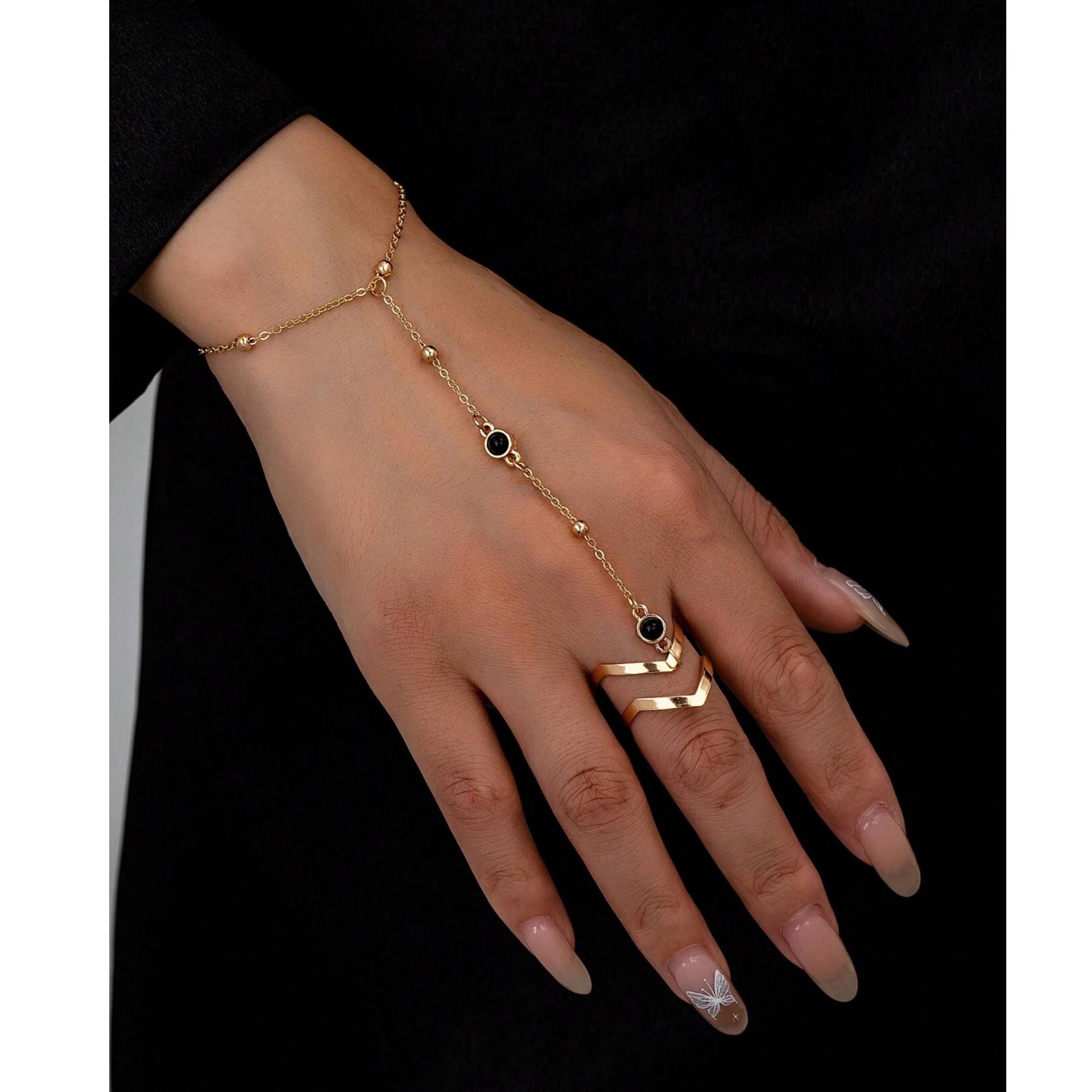 Goldene Handkette Ringarmband Mit Schwarzen Steinen, Verstellbares Fingerarmband Goldene Handkette Ringarmband Mit Schwarzen Steinen, Verstellbares Fingerarmband von LosvoSeller