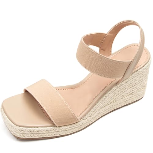 Lotgnimry Damen Offene Zehe Plateau Keilsandalen Slip-On mit elastischem Knöchelriemen Elegant Bequem Espadrilles Sommer Freizeitschuhe, Nude/Pu, 38.5 EU von Lotgnimry