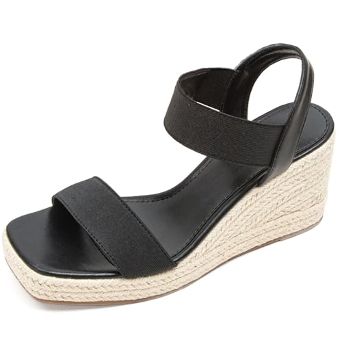 Lotgnimry Damen Offene Zehe Plateau Keilsandalen Slip-On mit elastischem Knöchelriemen Elegant Bequem Espadrilles Sommer Freizeitschuhe, Schwarz/PU, 35 EU von Lotgnimry