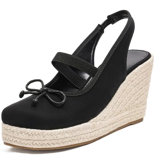 Lotgnimry Damen-Sandalen mit Keilabsatz und geschlossenem Zehenbereich, elastischer Knöchelriemen und Schleifen-Akzent, Sommer, lässig, für bequemes Tragen im Freien, Schwarz/PU, 42 EU Lotgnimry Damen-Sandalen mit Keilabsatz und geschlossenem Zehenbereich, elastischer Knöchelriemen und Schleifen-Akzent, Sommer, lässig, für bequemes Tragen im Freien, Schwarz/PU, 42 EU von Lotgnimry