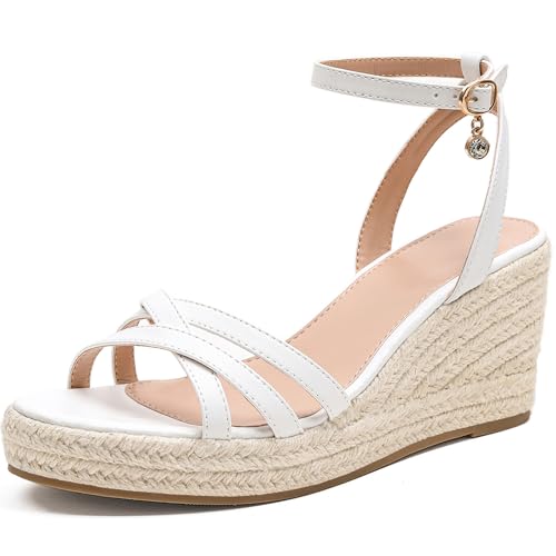 Lotgnimry Elegante Sandalen mit offener Zehenpartie, Plateau-Keilsandalen mit gepolsterter Innensohle und Knöchelriemenschnalle, Espadrille-Keilsandalen für Damen, bequemer Sommer, Weiss/opulenter von Lotgnimry