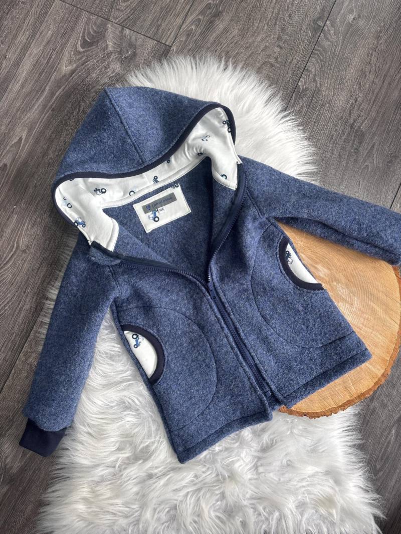 Walkjacke Gr. 104 Blau Weiß Ungefüttert Wollwalk Trecker Traktor von LotteKarliese