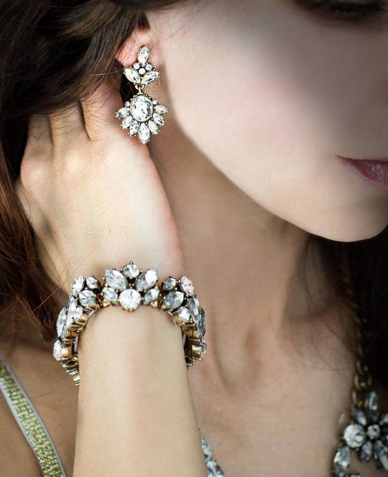 Armband Ohrring Set Kristall Antik Gold Vintage Stil Stretch Boho Accessoires Ästhetik Outfit Hochzeit Brautjungfern - "Angelica' von LottieDaDesigns