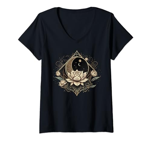 Damen Lotusblumen Spirituelle Zen Mond Lotusblume T-Shirt mit V-Ausschnitt Damen Lotusblumen Spirituelle Zen Mond Lotusblume T-Shirt mit V-Ausschnitt von Lotus Flower for Lotus Flower women and men