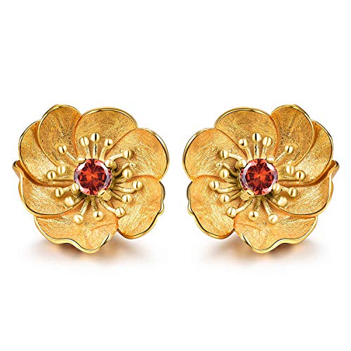 ✦ Muttertagsgeschenk ✦Springlight Ohrringe 18 Karat Gold Blühende Anemone Blume Ohrstecker 925 Sterling Silber Handgemachte Schmuck Damen Geschenk Muttertag.（Gold -Gold- Red） von Springlight