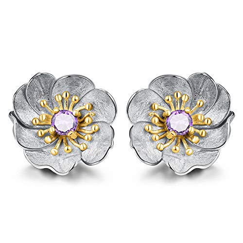 ✦ Geschenke für Frauen ✦Springlight Ohrringe Silber 925 Blühende Anemone Blume Ohrstecker Handmade: Ohrringe Schmuck Damen Jugendweihe Geschenke Mädchen.（Silver -Gold -Purple） von Springlight