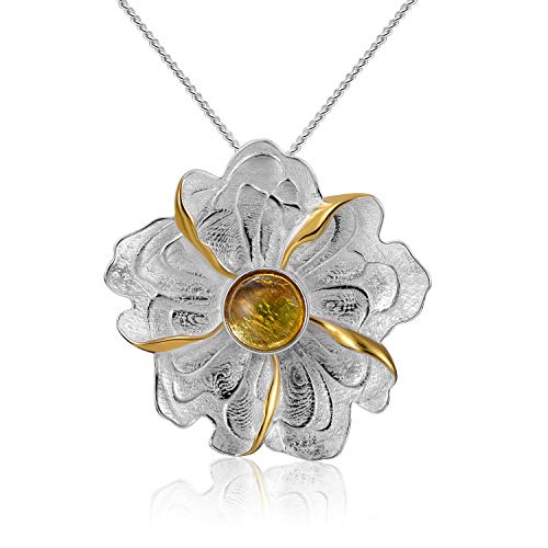 Springlight ✦ Valentinstag S925 Sterling Silber Anhänger Kette Damen Pfingstrosen-Blumen-Anhänger Natürlicher Turmalin Personalisierter Schmuck Geschenke für Frauen.(Yellow) von Springlight