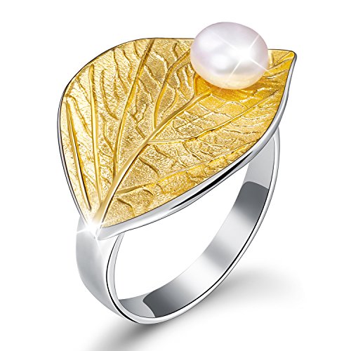 ✦ Geschenke für Weihnachten ✦Springlight Damen Ring Blätter mit Süßwasserperle Offener Ring S925 Sterling Silber Handgemachte Ringe für Frauen und Mädchen.(Gold) von Lotus Fun