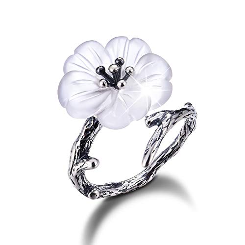 Springlight ✦ Valentinstag Damen Ring Blume im Regen Offener Ring S925 Sterling Silber Handgemachte Ringe Frauen Personalisierter Schmuck Geschenke für Frauen.(Altes Silber) von Lotus Fun