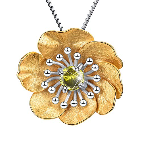 Lotus Fun S925 Sterling Silber Naturedelstein Anhänger Halskette Blühende Anemone Blumen Anhänger mit Halsketten Kettenlänge 17 Zoll, handgefertigter Schmuck für Damen (Gold Silver Peridot) von Lotus Fun