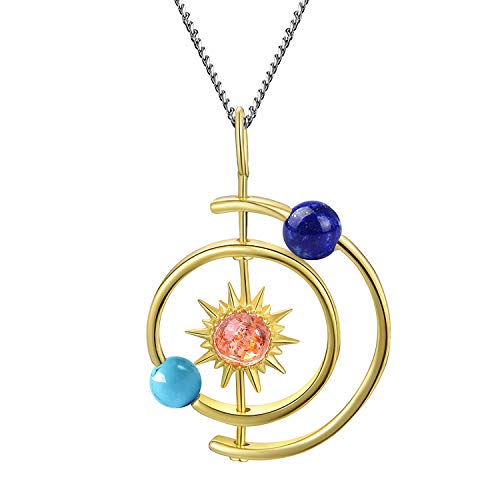 Lotus Fun S925 Sterling Silber Naturedelstein Anhänger Halskette Kreatives Sonnensystem Anhänger mit Halsketten Kettenlänge 17 Zoll, handgefertigter einzigartiger Schmuck für Damen (Gold) von Lotus Fun