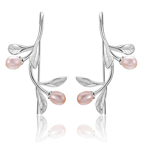 Lotus Fun S925 Sterling Silber Ohrringe Wassertropfen aus den Olivenblättern Tropfen Ohrringe für Frauen und Mädchen, Kreativ Natürlicher Perle Handgemachter Einzigartiger Schmuck (Silver Pink Pearl) von Lotus Fun