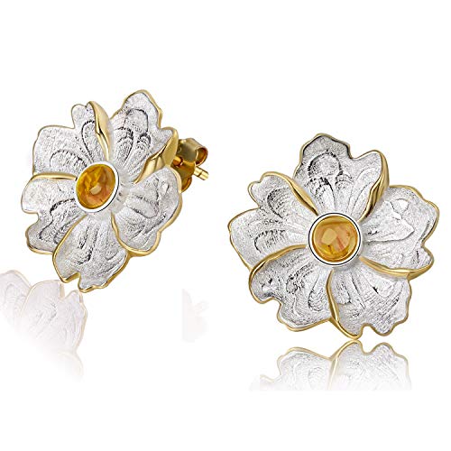 ✦ Valentinstag ✦Springlight Ohrringe Silber 925 Naturstein Pfingstrose Blume Ohrstecker Ohrringe Handgefertigter Personalisierter Schmuck Geschenke für Frauen.(Yellow) von Springlight