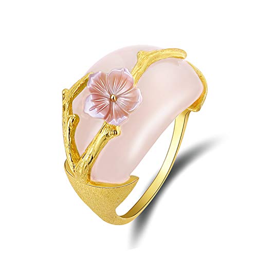 Lotus Fun S925 Sterling Silber Ring Pflaumeblume Ring Natürlicher Aventurin Handgemachter Einzigartiger Schmuck für Frauen und Mädchen (Gold Pink) von Lotus Fun