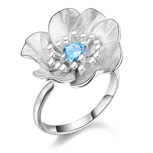 Lotus Fun S925 Sterling Silber Ringe Anemone Blüht Ringe Natürlicher Edelstein Persönlichkeit Temperament Handgemacht Schmuck für Frauen und Mädchen.(Silver- Silver-Blue) von Lotus Fun