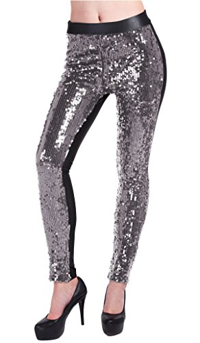 Lotus Instyle Damen Hosen vorne mit Pailletten Leggings zur Party Silver-M von Lotus Instyle