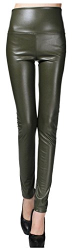 Lotus Instyle Dicke hohe Taille Kunstleder Leggings Frauen knöchellange Hosen Gr. S, Army Grün von Lotus Instyle