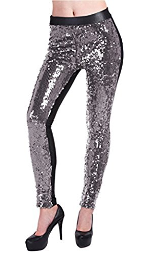 Lotus Instyle Frau Kunstleder mit Pailletten Leggings Leder Strumpfhosen Party Hosen Silver-S von Lotus Instyle