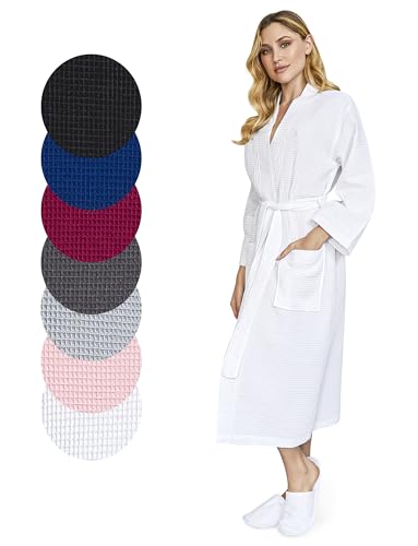 Lotus Linen Leichter Damen-Bademantel mit Waffelmuster, lang, weiche Baumwolle, Kimono, Spa-Bademantel, Weiss/opulenter Garten, XX-Large von Lotus Linen