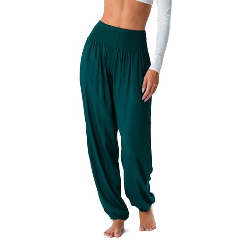 Lotus and Luna Haremshose für Damen, Thai-Hose für Strand und Lounge, hohe Taille, fließende Boho-Hose, Geniehose, Yogahose, Rainforest, X-Groß von Lotus and Luna