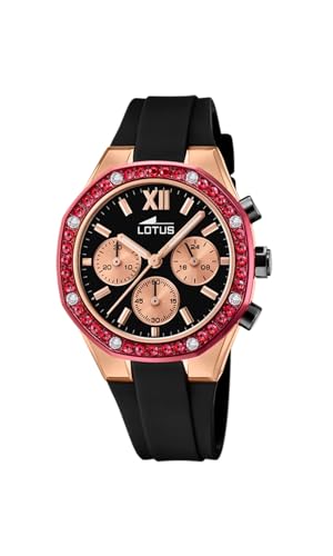 Lotus Damen Armbanduhr aus Edelstahl und Silikon mit Glassteinen in der Farbe Schwarz-Roségold-Rot 38mm, Wasserdichtigkeit: 5 Bar, 18877/1 von Lotus