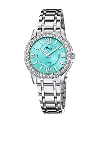 Lotus Damen Armbanduhr aus Edelstahl in der Farbe Silber-Türkis mit Glassteinen 33mm, Wasserdichtigkeit: 5Bar, 18887/3 von Lotus