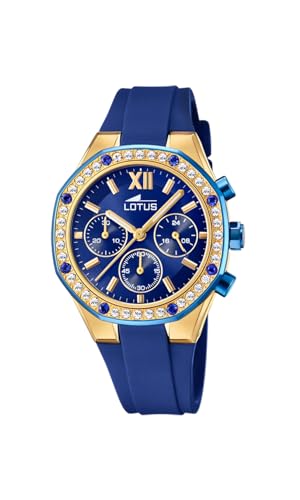 Lotus Damen Armbanduhr aus Edelstahl und Silikon mit Glassteinen in der Farbe Blau-Gold 38mm, Wasserdichtigkeit: 5 Bar, 18876/1 von Lotus