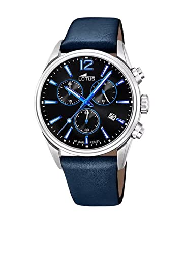 Lotus Herren Armbanduhr aus Edelstahl und Leder in der Farbe Silber-Blau-Schwarz 42mm, Wasserdichtigkeit: 10Bar, 18691/6 von Lotus