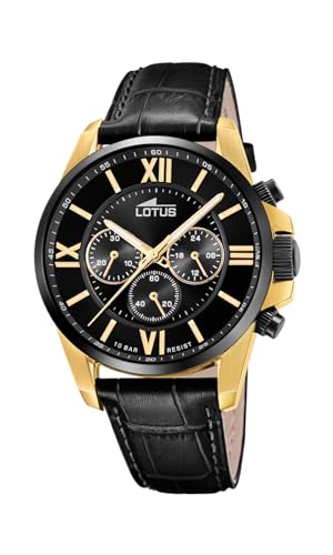 Lotus Herren Armbanduhr aus Edelstahl und Leder in der Farbe Schwarz-Gold 44mm, Wasserdichtigkeit: 10Bar, 18882/1 von Lotus