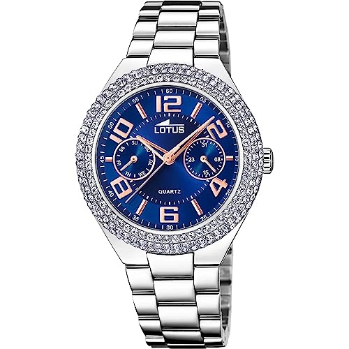 Lotus Damen Armbanduhr Bliss aus Edelstahl mit Zirkonia in der Farbe Silber-Blau-Roségold 39mm, Wasserdichtigkeit: 5Bar, 18918/2 von Lotus