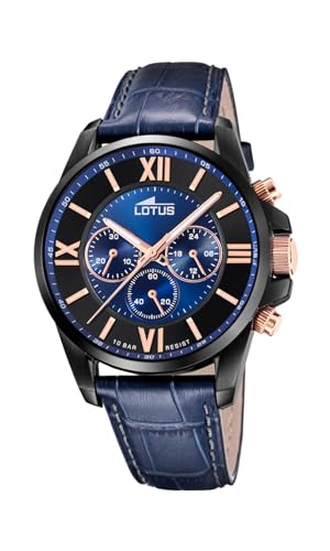 Lotus Herren Armbanduhr aus Edelstahl und Leder in der Farbe Blau-Schwarz-Roségold 44mm, Wasserdichtigkeit: 10Bar, 18881/2 von Lotus