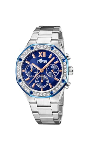 Lotus Damen Armbanduhr aus Edelstahl mit Glassteinen in der Farbe Silber-Blau-Roségold 38mm, Wasserdichtigkeit: 5 Bar, 18872/2 von Lotus