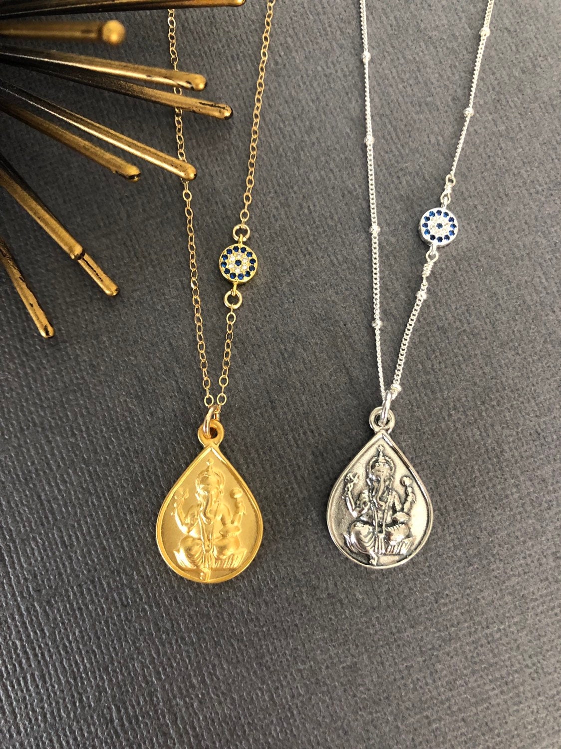 Gold Ganesha Anhänger Halskette Sterling Silber Evil Eye Schmuck von Lotus411