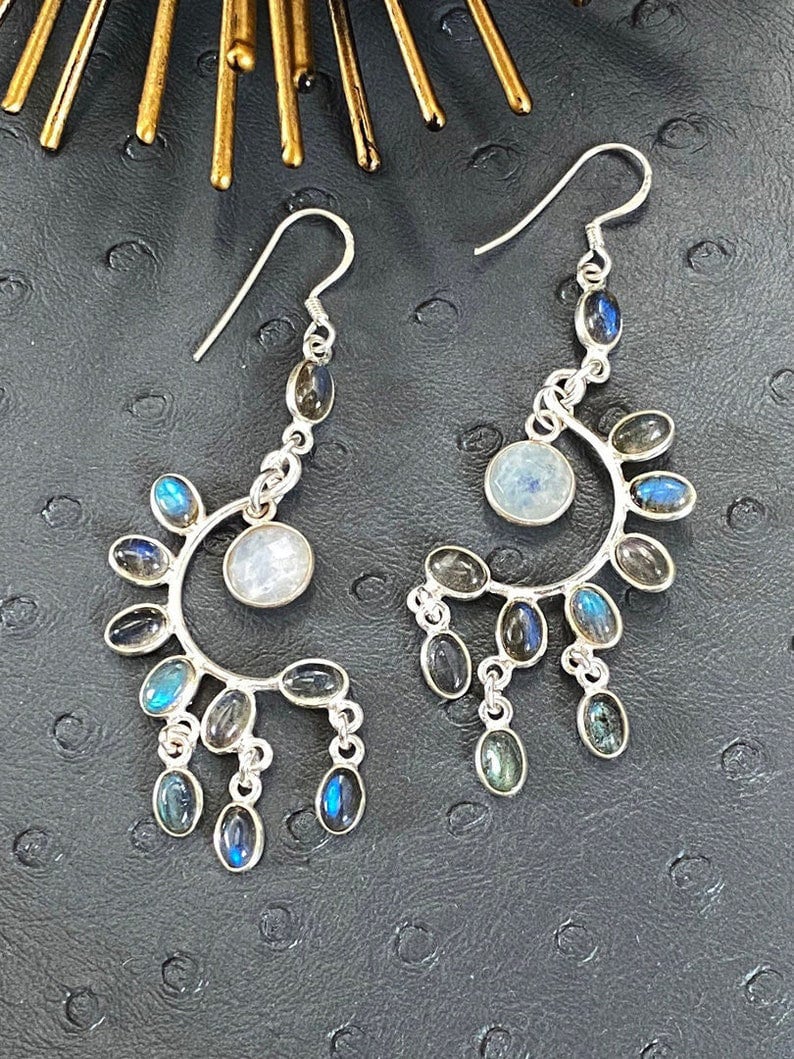 Labradorit Edelstein, Heilende Edelstein Ohrringe Kronleuchter Ohrringe, Mondstein Lange Baumelnde Boho Chic Geschenk Für Ihre Frauen von Lotus411