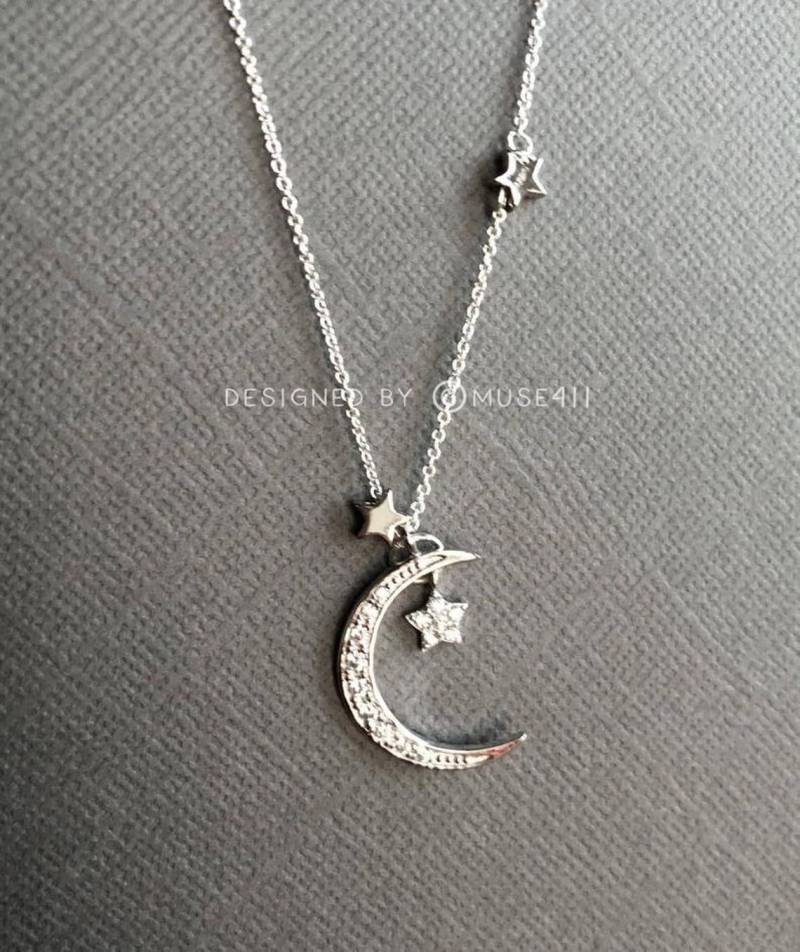 Sterling Silber Halbmond Und Sterne Halskette Cz Celestial Charm von Lotus411
