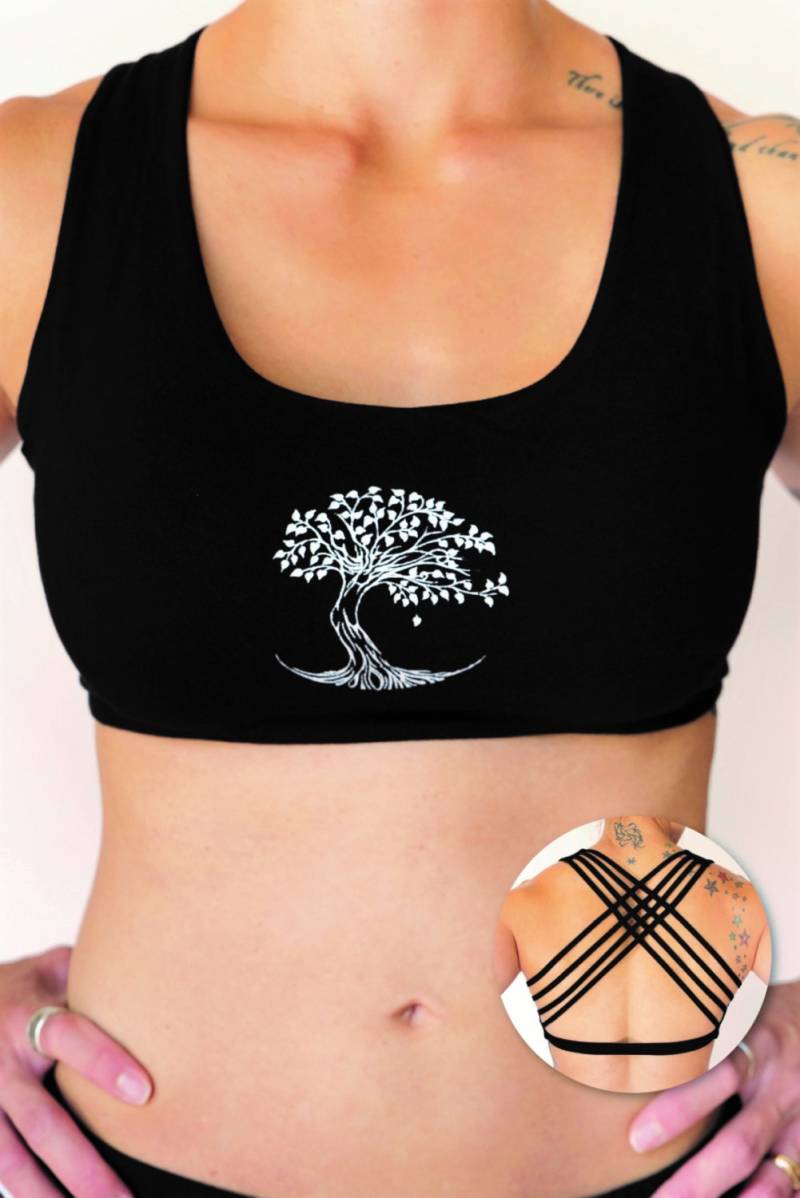 Bodhi Tree Baru Sport Bh Yoga Top Aus Schwarzer Baumwolle Mit Überkreuzten Trägern von LotusTribeClothing