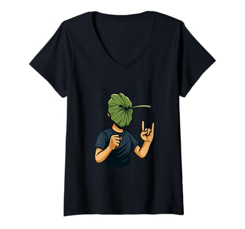 Damen Lustiges Lotusblatt Cartoon Maske Lotuspflanze Rock T-Shirt mit V-Ausschnitt Damen Lustiges Lotusblatt Cartoon Maske Lotuspflanze Rock T-Shirt mit V-Ausschnitt von Lotusblume Lotusblatt Pflanzen Design