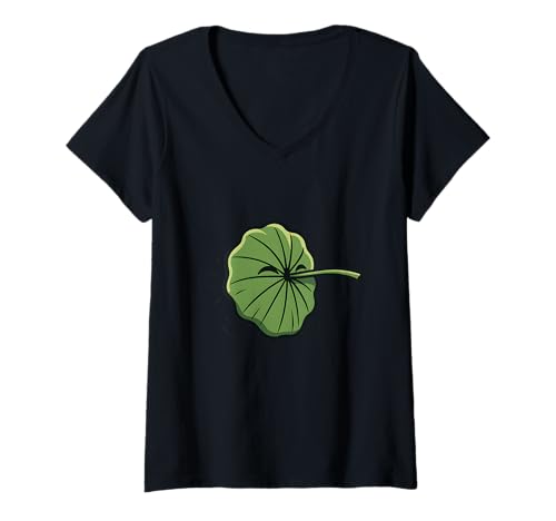 Damen Lustiges Lotusblatt Cartoon Maske Lotuspflanze T-Shirt mit V-Ausschnitt von Lotusblume Lotusblatt Pflanzen Design