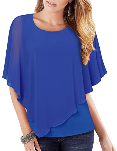 Lotusmile Damen Leicht Flowy Shirt Doppellagig Bedruckt Chiffon Poncho Bluse Top, Königsblau, XX-Large von Lotusmile