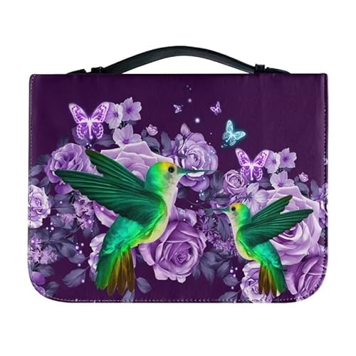 Lotusorchid Kunstleder-Bibelhülle, stabile Bibelhülle für Damen und Mädchen, Kolibri-Bibelbuchhülle, Reißverschluss, Rose, Bibeltragetasche mit Tasche, Geschenk für Mutter, Lila und Grün, Größe XL von Lotusorchid