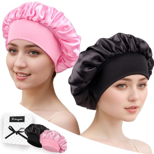 Lotusyaa Satin-Haarhaube zum Schlafen mit Schaumstoff-Ohrstöpseln – 2 Stück seidige Duschhauben für Frauen – Luxus-Haarkappe mit Gummiband für lockiges, langes Zopfhaar, Schönheitspflege – Schwarz / Lotusyaa Satin-Haarhaube zum Schlafen mit Schaumstoff-Ohrstöpseln – 2 Stück seidige Duschhauben für Frauen – Luxus-Haarkappe mit Gummiband für lockiges, langes Zopfhaar, Schönheitspflege – Schwarz / von Lotusyaa