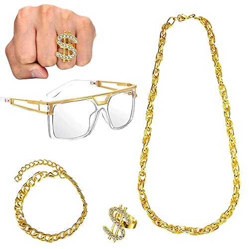 Lotvic 4 Stück Dollar Ring Gold Halskette Armband & Brille, 70er 80er 90er goldkette kostüm rapper kostüm hip hop kostüm, zuhälter Kostüm, Hip-Hop Accessoire für Fasching & Karneval Cosplay Kostüm von Lotvic